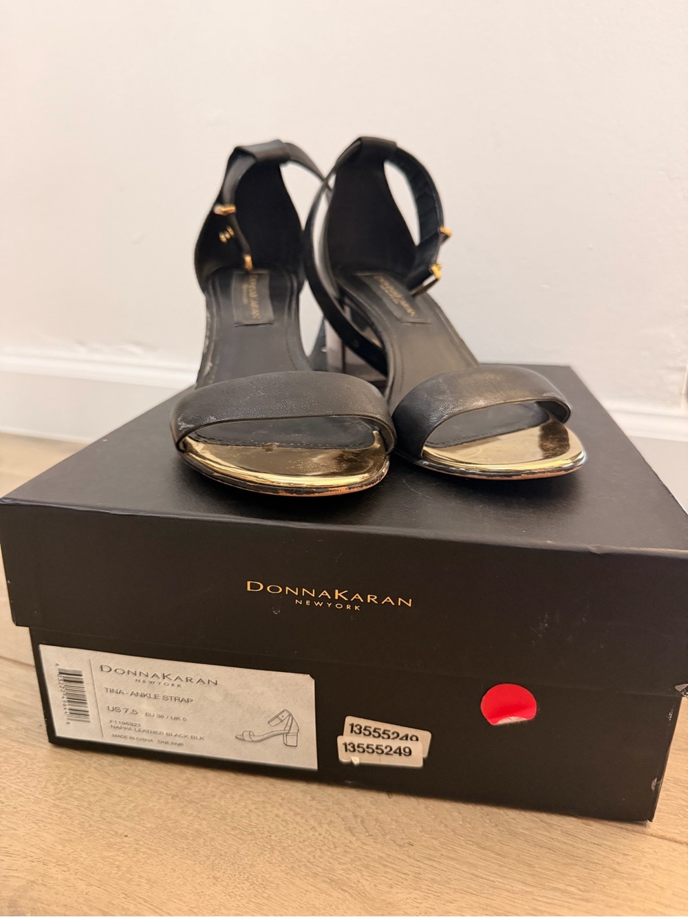 Donna Karan Black Leather Open-Toe Sandals with Gold Toe Plate - clear heel